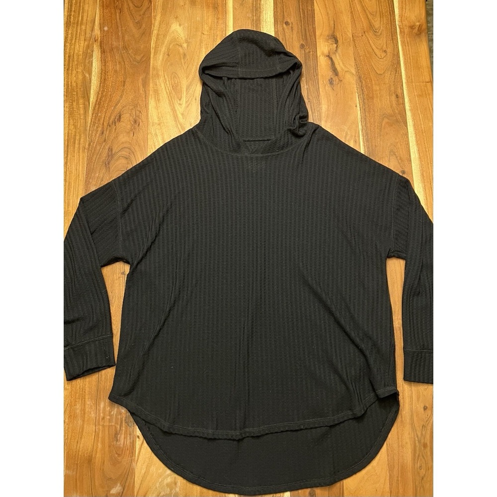 Chaser Hooded Waffle Knit Thermal Shirt Womens Pullover Black Lounge Top - Picture 4 of 11
